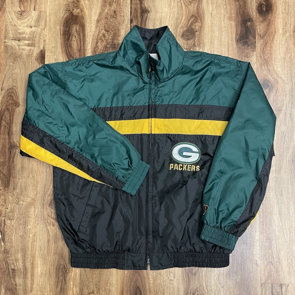 VTG NFL Pro Layer Green Bay Packers Jacket Mens Large Black Green 90s Spellout